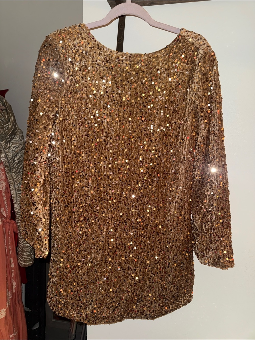Gold Sequin Long Sleeve Women's Dress - Picture 1 of 3
